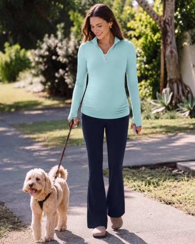 G4Free Lightbreeze Maternity Shirts Long Sleeve Quarter Zip Pregnancy Top - color: Light Blue, size: Large
