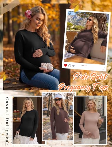 3 Pack Women Maternity Shirts Long Sleeve Pregnancy Tops with Thumb Hole - color: Black/Brown/Khaki, size: Large