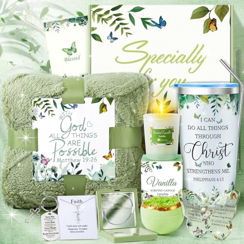 Fortuning's JDS 13PCS Christian Gifts for Women Faith- Inspirational Religious Catholic Gifts Basket, Green Self Care Package Get Well Soon Gifts,Birthday Gifts, for Mom Her Wife Girlfriend Friend - color: Green