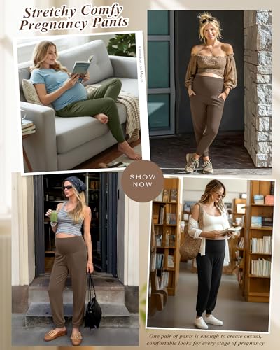 3 Pack Women's Maternity Pants - color: Light Brown, Army Green, Black, size: Medium
