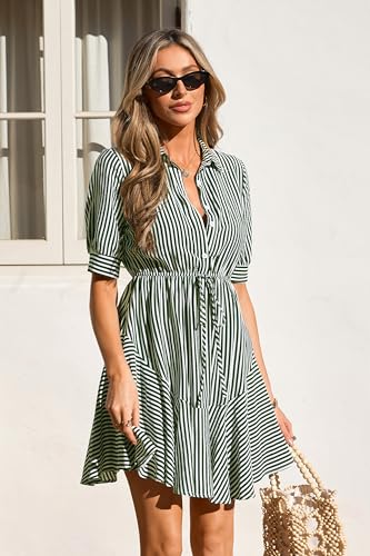 MASCOMODA Womens Striped Mini Summer Dress Button Work Dresses - color: Striped Green, size: Small