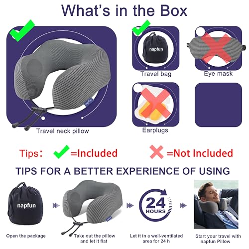 napfun Neck Pillow for Travel, Memory Foam Airplane Pillow, Dark Gray - color: Dark Gray