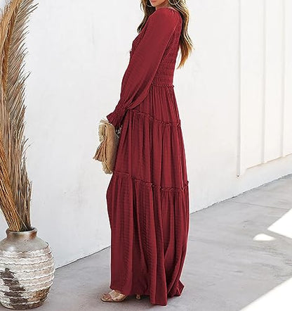 R.Vivimos Long Sleeve V Neck Flowy Maxi Dresses for Women - color: Burgundy, size: Medium