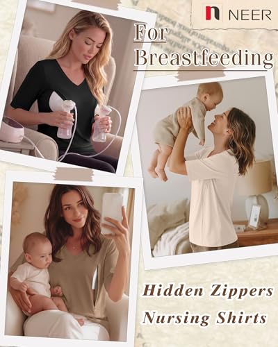 Neer 3 Pack Women's Nursing Shirts Breastfeeding Tops - color: Cream, Khaki, Black, size: Medium