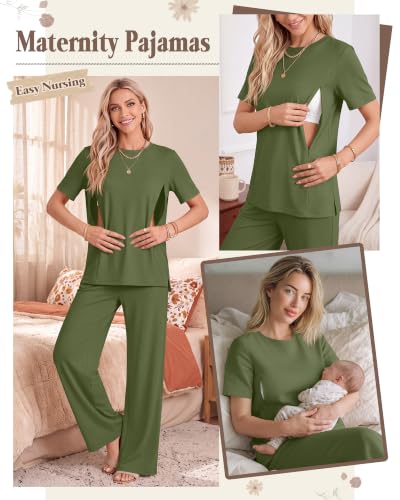 2Pc Postpartum Nursing Pajamas Set - color: Army Green, size: Large