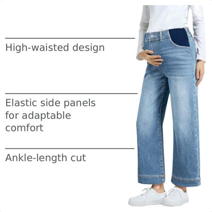 BLENCOT Women's Maternity Jeans High Waisted Wide Leg Pregnancy Pants - color: Beau Blue, size: Large