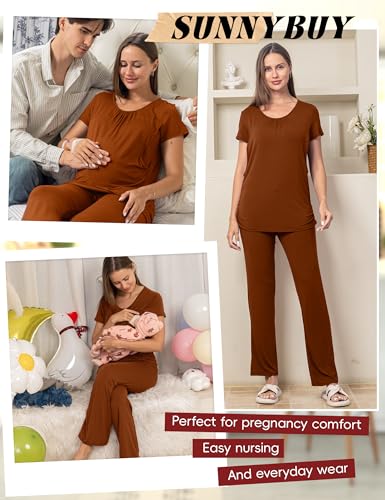 SUNNYBUY Womens Maternity Nursing Pajamas Set 3 Piece Breastfeeding PJS - color: Brown, size: Large
