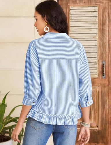 Flygo Womens Striped Button Down Shirts Cropped 3/4 Sleeve Ruffled Blouses - color: Blue, size: X-Large