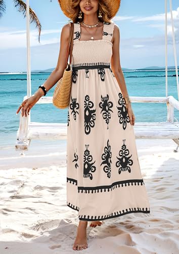 PRETTYGARDEN Women's Sleveless Boho Maxi Dress - color: Floral Apricot Black, size: Medium