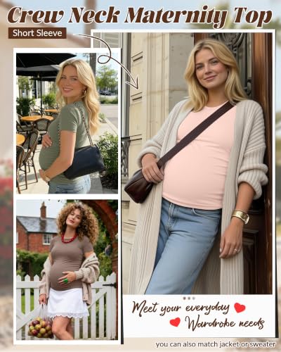 Huukeay 4 Pack Women's Short Sleeve Maternity Tops - color: Beige, Army Green, Light Coffee, Dark Army Green, size: X-Large