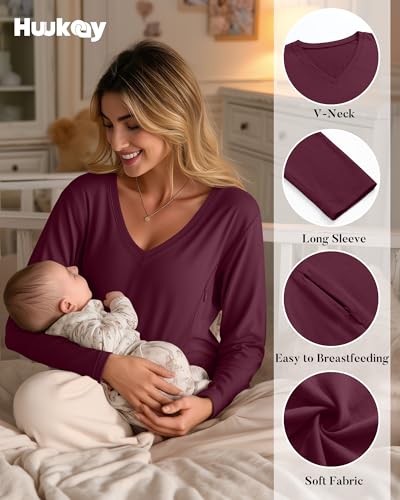Huukeay 3 Pack Maternity Nursing Tops Breastfeeding Shirts - color: Black, Gray Green, Burgundy, size: Small