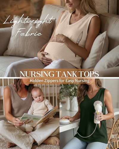 3 Pack Women's Waffle Nursing Tank Tops - color: Army Green, Cream, Coffee, size: Medium