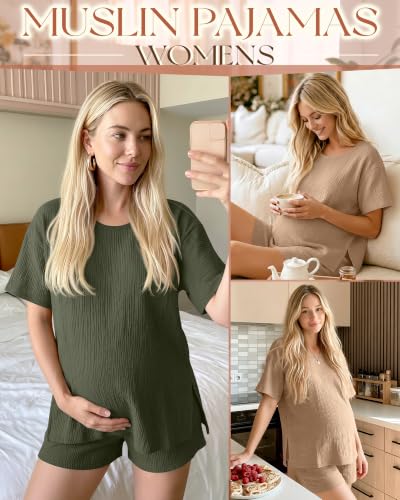 Riyiper 4 Pcs 100% Cotton Maternity Pajamas Sets - color: Khaki, Dark Green, size: Medium