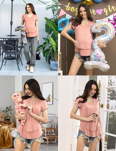 SUNNYBUY 3 PCS Maternity Breastfeeding Pajamas Set with Hidden Nursing Top - color: Pale Pinkish Purple, size: Medium