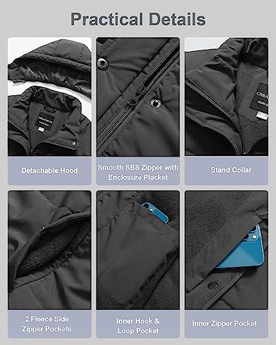 CREATMO US Women's Plus Size Warm Puffer Jacket Waterproof Fleece Lined Winter Coat with Removable Hood - color: Dark Grey, size: 1X