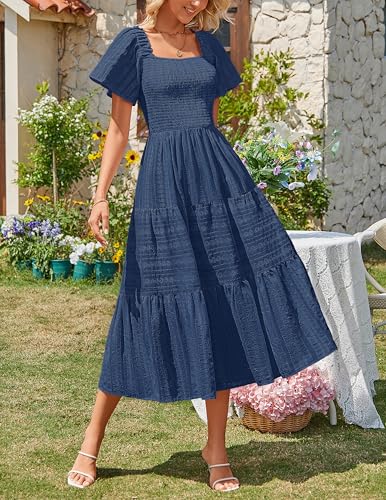 MEROKEETY Womens Summer Midi Dress Short Sleeve Square Neck Boho Long Dress - color: Navy, size: Small