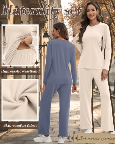 2 Pack Maternity Nursing Pajamas Set - color: Beige, Gray Blue, size: Medium