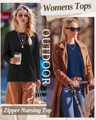 3 Pack Nursing Breastfeeding Tops - color: Dark Blue, Khaki, Black, size: Medium