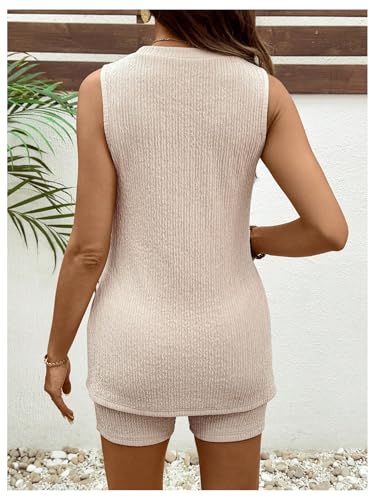 OYOANGLE Women's Two Piece Maternity Outfit Slit Hem Sleeveless Shorts Set - color: Beige, size: Medium