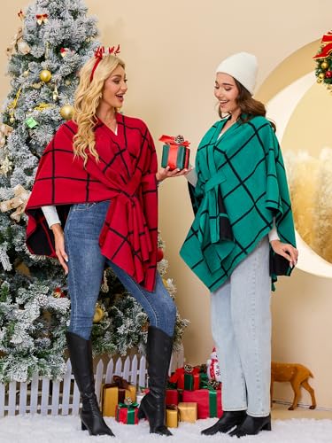 Moss Rose Women Shawl Wrap Poncho Open Front Cardigan Shawl for Fall Winter - color: Green&black, size: One Size