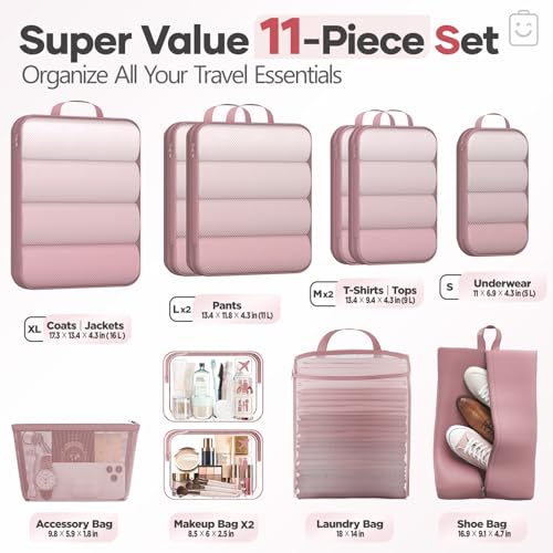 Veken 11 Set Compression Packing Cubes for Travel Essentials,Compressible Expandable Large Luggage Suitcase Organizer Bags for Clothing,Space Saver Bags with Over 1000 pcs of Mesh Holes(Light Coral) - color: Light Coral, size: 11 set