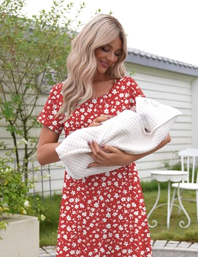 Maternity Summer Dress Breastfeeding Nursing Friendly Pregnancy Dresses - color: Red Daisy Floral, size: Large