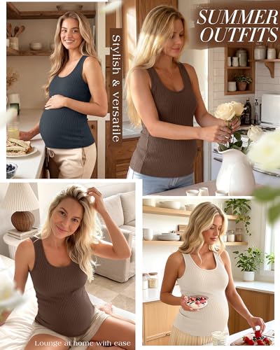 Ficerd 3 Pack Women's Maternity Ribbed Tank Tops - color: Charcoal Black, Apricot, Brown, size: Small