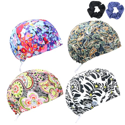 4Pcs Scrub Caps for Women Nurse Surgical Hats Adjustable Working Cap Satin-Lined Doctor Hat with Sweatband and Buttons - color: Multi Color 2