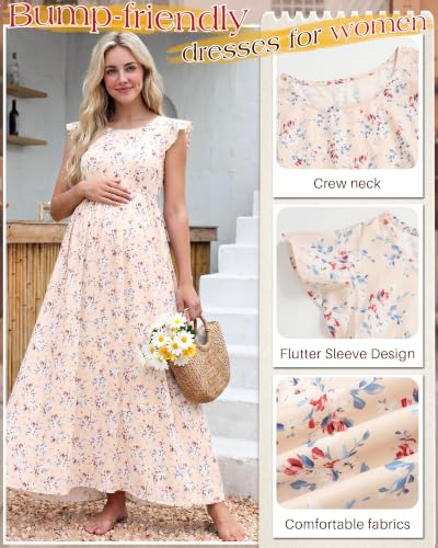 Huukeay Women Maternity Dress Ruffle Sleeve Floral - color: Apricot, size: Medium