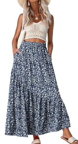 GRECERELLE Women's Maxi Skirt High Waist Tiered A-Line with Pockets - color: Blue White Flower, size: Medium