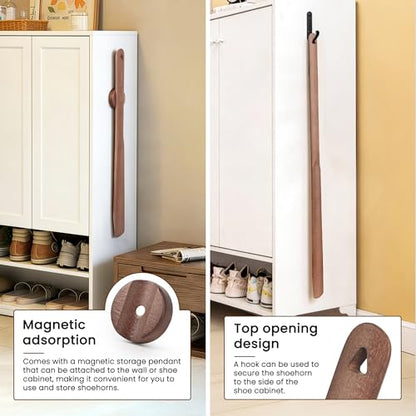 Extra Long Wooden Shoe Horn with Magnetic Holder, Walnut Color