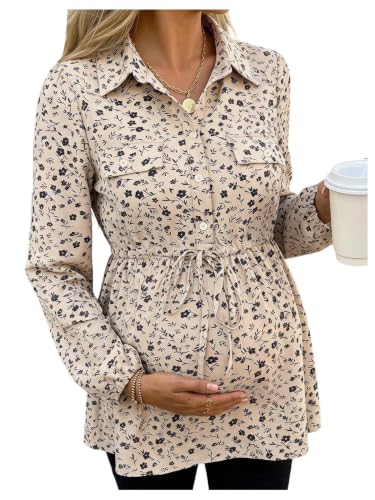 MakeMeChic Women's Maternity Blouse Long Sleeve Belted Button Down Tops - color: Apricot, size: Large