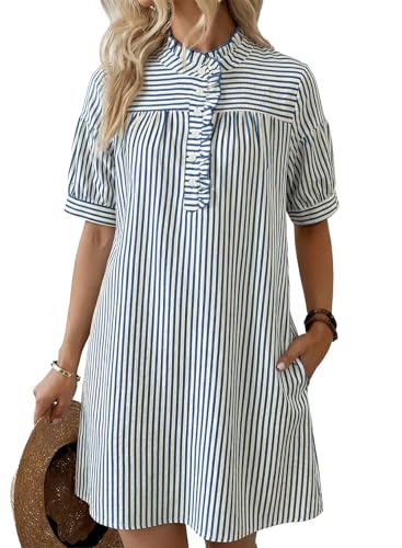 BLENCOT Summer Dresses for Women Puff Sleeve Striped Button Mini Dress - color: Blue Stripe, size: Medium