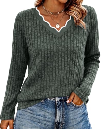 WIHOLL Long Sleeve Womens Shirts Lightweight Fall Tunic Top V Neck Sweaters - color: 02-green, size: X-Large