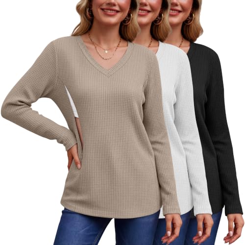 Huukeay 3 Pack Women's Long Sleeve Nursing Breastfeeding Shirts - color: Khaki, White, Black, size: Large