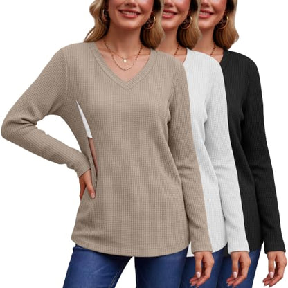 Huukeay 3 Pack Women's Long Sleeve Nursing Breastfeeding Shirts - color: Khaki, White, Black, size: X-Large