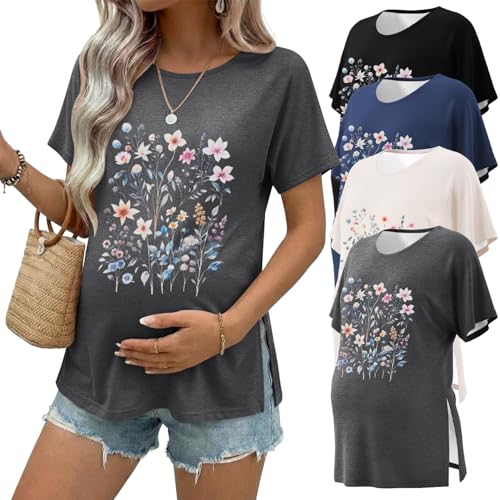 Ekouaer 4 Pack Maternity Shirts Short Sleeve Pregnancy Casual Tunic Tops - color: Apricot/Black/Blue/Dark Gray Floral, size: Medium