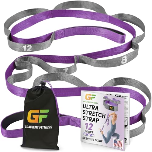 Physical Therapy Yoga Stretch Strap with 12 Loops, 1 Inch Wide, 8 Ft Long - color: Purple/Grey