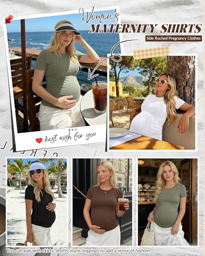 Huukeay 4 Pack Women's Short Sleeve Maternity Tops - color: Black, White, Coffee, Army Green, size: Small