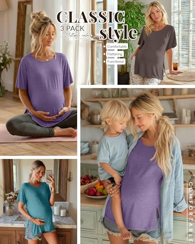 Riyiper 3 Pack Women's Maternity Tunic Cotton Shirts - color: Blue Green, Purple, Coffee Grey, size: Large