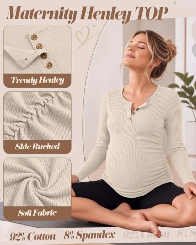 Huukeay 3 Pack Womens Maternity Long Sleeve Shirts Pregnancy Top - color: Apricot, Light Coffee, Coffee, size: Medium