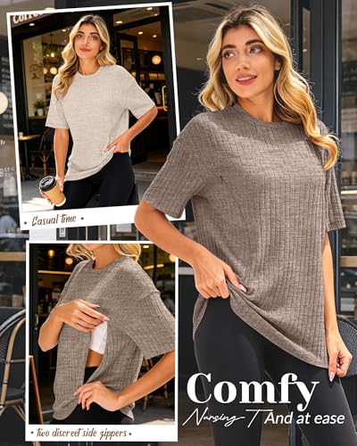Huukeay 4 Pack Women's Nursing Shirts - color: Cream, Khaki, Light Coffee, Black, size: Large