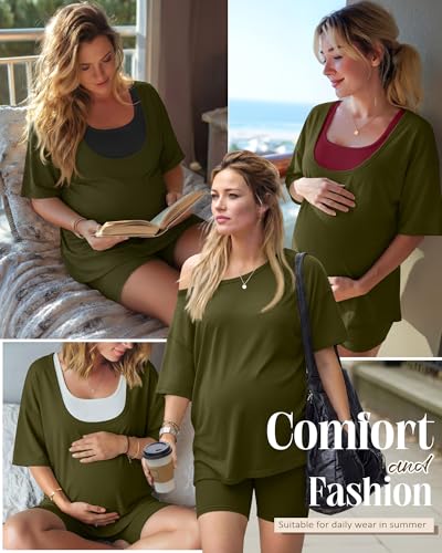 2 Piece Women Maternity Set Pregnancy Outfit - color: Army Green, size: Large