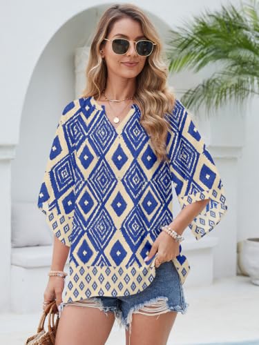 Poetsky Womens Boho Tops V Neck 3/4 Sleeve Blouses Loose Fit Tunic Shirts - color: Blue, size: Large