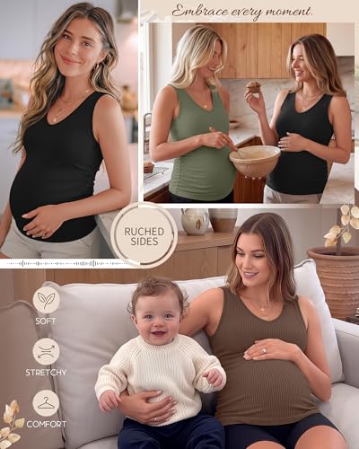 Ficerd 3 Pack Maternity Sleeveless Tank Tops - color: Gray Green, Brown, Black, size: Small
