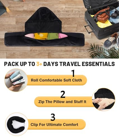 Stuffable Travel Neck Pillow with Hood, Soft Velvet Fabric,Black - size: Type A