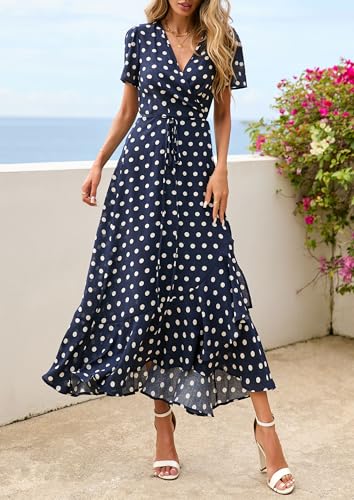 PRETTYGARDEN Women's Boho Floral Summer Maxi Dresses - color: Dot Navy White, size: X-Small