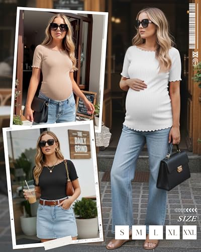 3 Pack Women's Maternity Ribbed Shirts - color: Black, Khaki, White, size: Medium