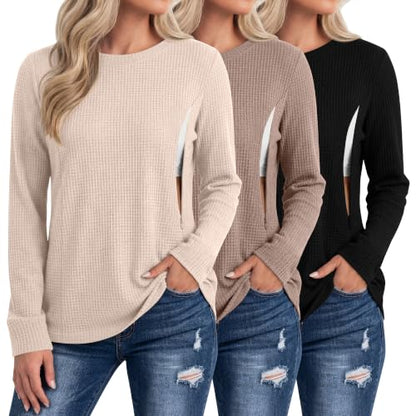 Neer 3 Pack Women's Nursing Hidden Zipper Long Sleeve Shirts - color: Cream, Coffee, Black, size: X-Large