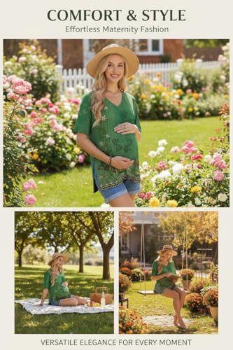 Ekouaer Maternity Shirts 3 Pack Oversized Pregnancy Tops Summer Clothes - color: 3 Pcs Black/ White/ Boho Green Floral, size: Medium